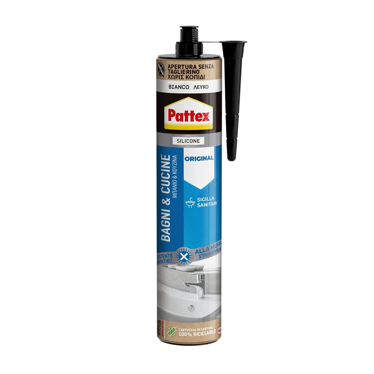 PATTEX Bagni&Cucine Original Silicone Bianco, Silicone Cucina e Bagno Resistente alla Muffa, Sigillante Impermeabile e Multimateriale, 1 Cartuccia da 280 ml
