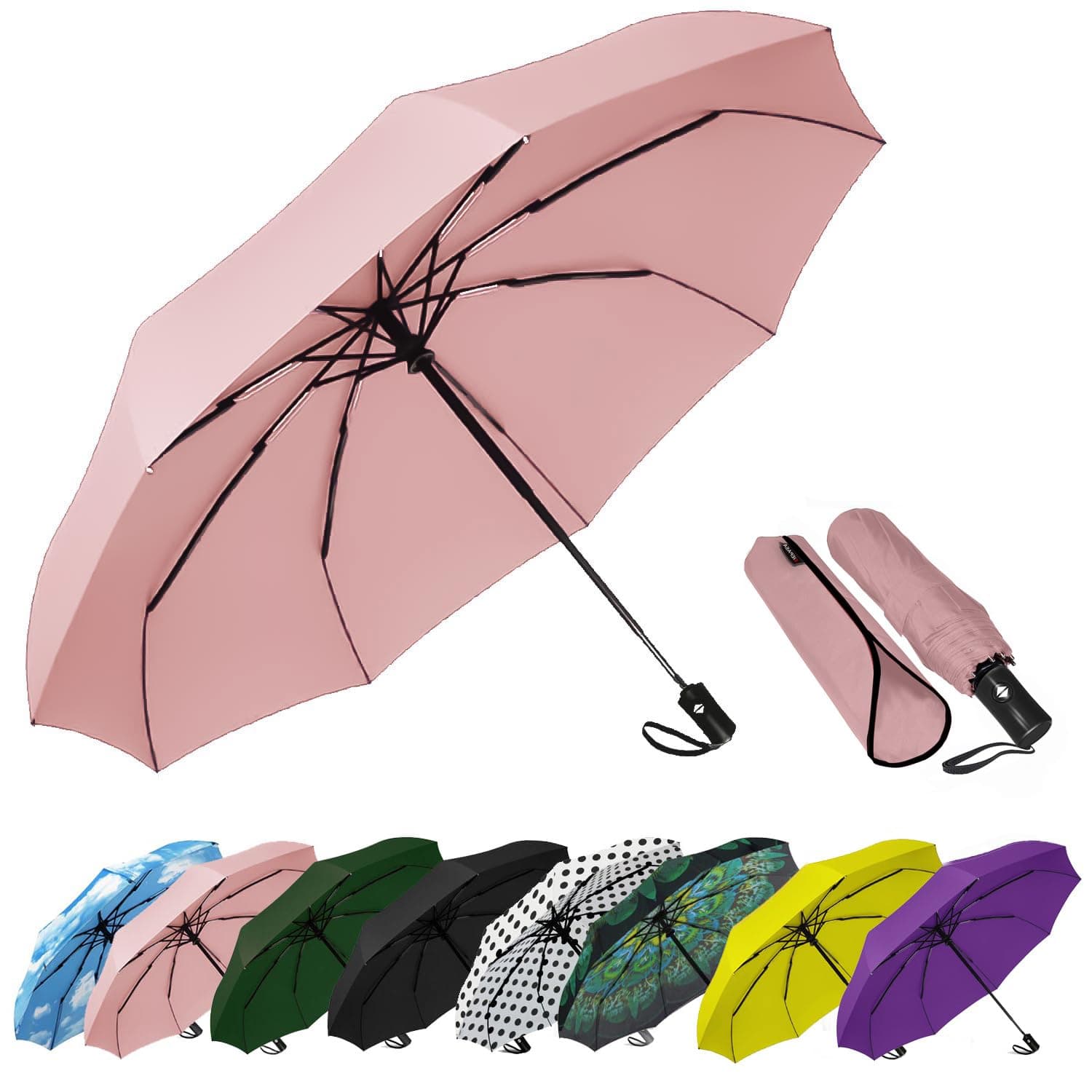 SIEPASA Ombrello antivento automatico pieghevole da viaggio, compatto, per la pioggia, piccolo ombrello portatile antivento unisex (colore: rosa)