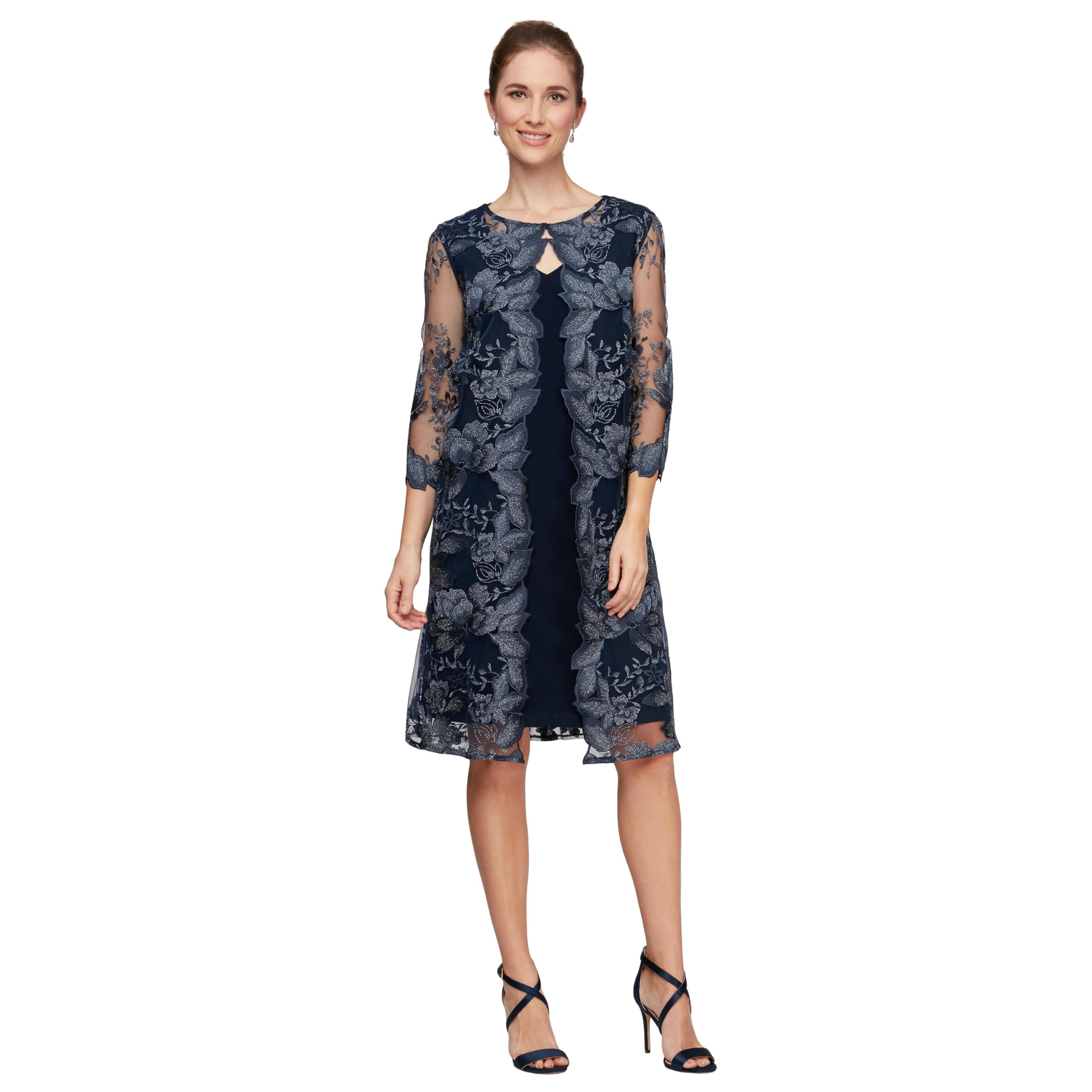 Alex Evenings Short Embroidered Jacket Dress, Wedding Guest, Formal Events And Regular Sizes Vestito per Occasioni Speciali, Petite Navy, 52 Donna