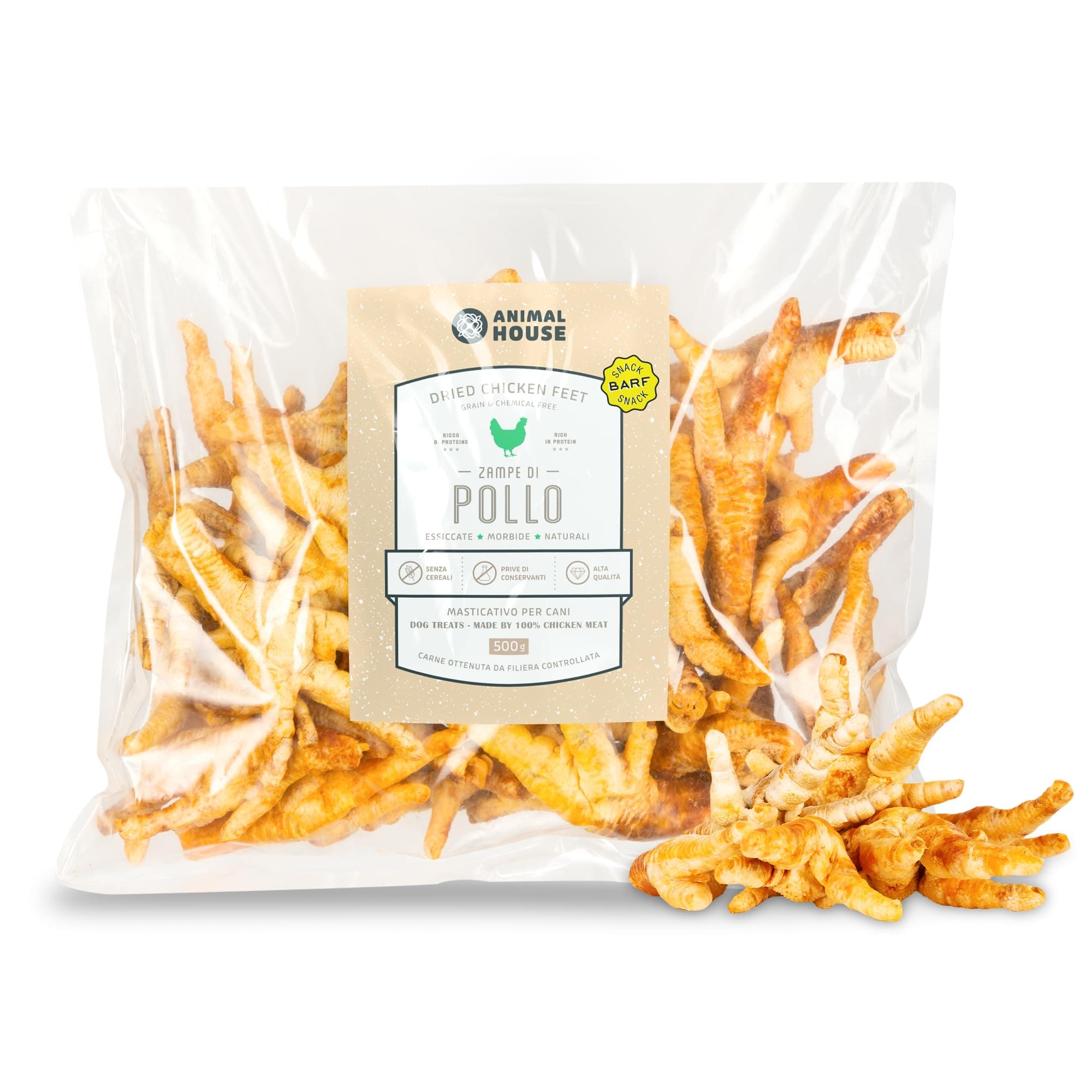 Animal House - Snack Naturale per Cani BARF alle Zampe di Pollo, Delizia Proteica Europea per il Benessere del Tuo Amico a Quattro Zampe (500 GR, ZAMPE DI POLLO)